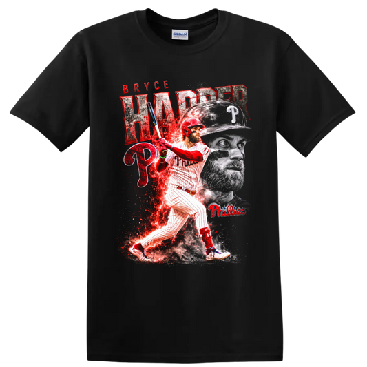 Bryce Harper Phillies batting graphic with portrait, team logos, and red lightning effects on a Black T Shirt