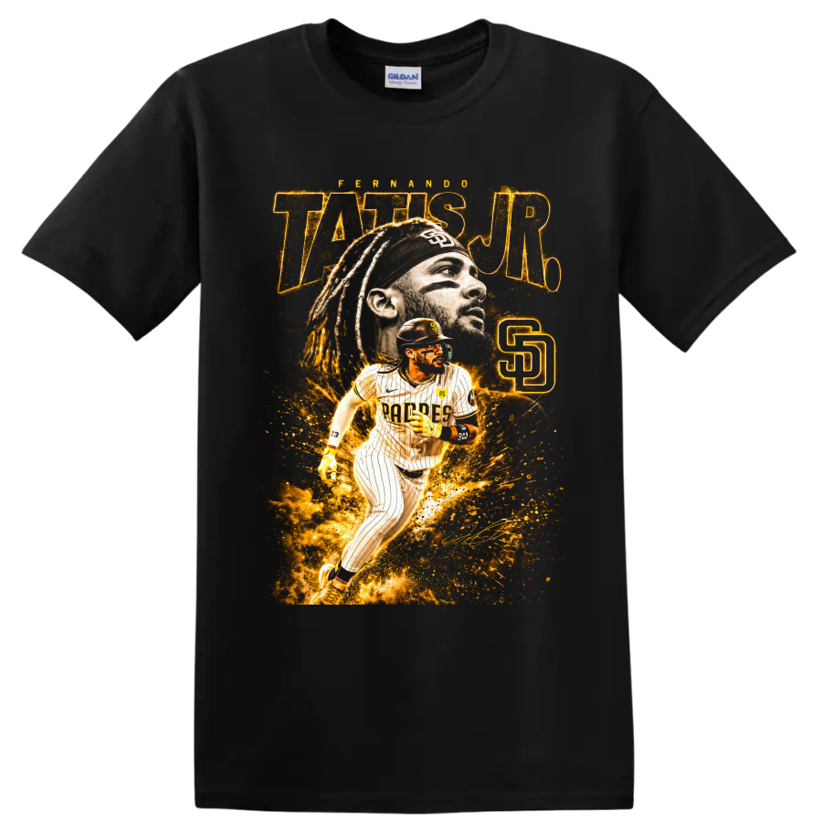 Fernando Tatis Jr. San Diego Padres portrait and action baseball graphic on a Black T Shirt