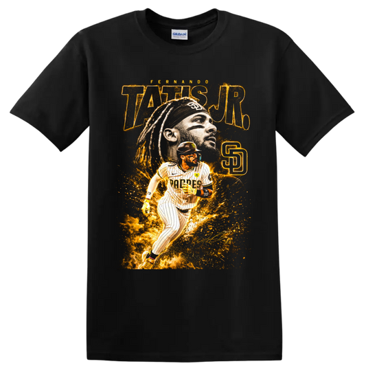 Fernando Tatis Jr. San Diego Padres portrait and action baseball graphic on a Black T Shirt