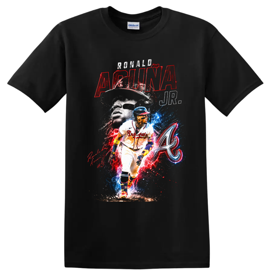 Ronald Acuña Jr. Atlanta Braves action and portrait collage with Braves A emblem on a Black T Shirt