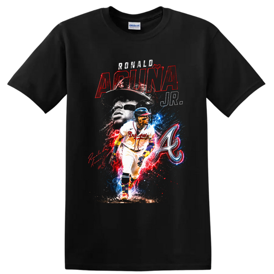 Ronald Acuña Jr. Atlanta Braves action and portrait collage with Braves A emblem on a Black T Shirt