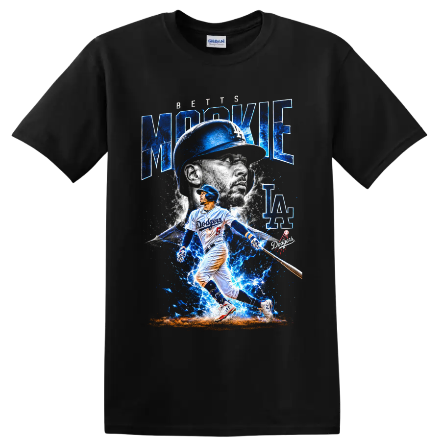 Mookie Betts Dodgers batting graphic with blue lightning, portrait, and LA lettering on a Black T Shirt