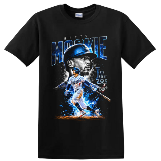 Mookie Betts Dodgers batting graphic with blue lightning, portrait, and LA lettering on a Black T Shirt