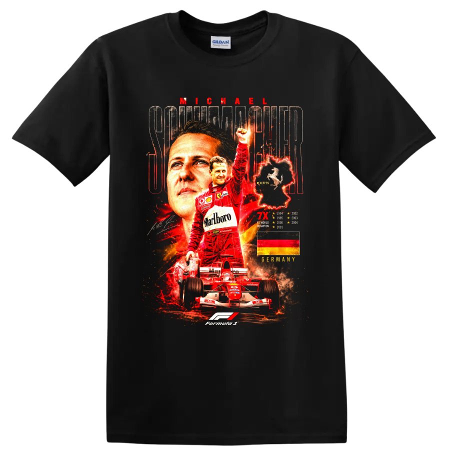 Michael Schumacher Ferrari Formula 1 championship collage with race car and German flag on a Black T Shirt