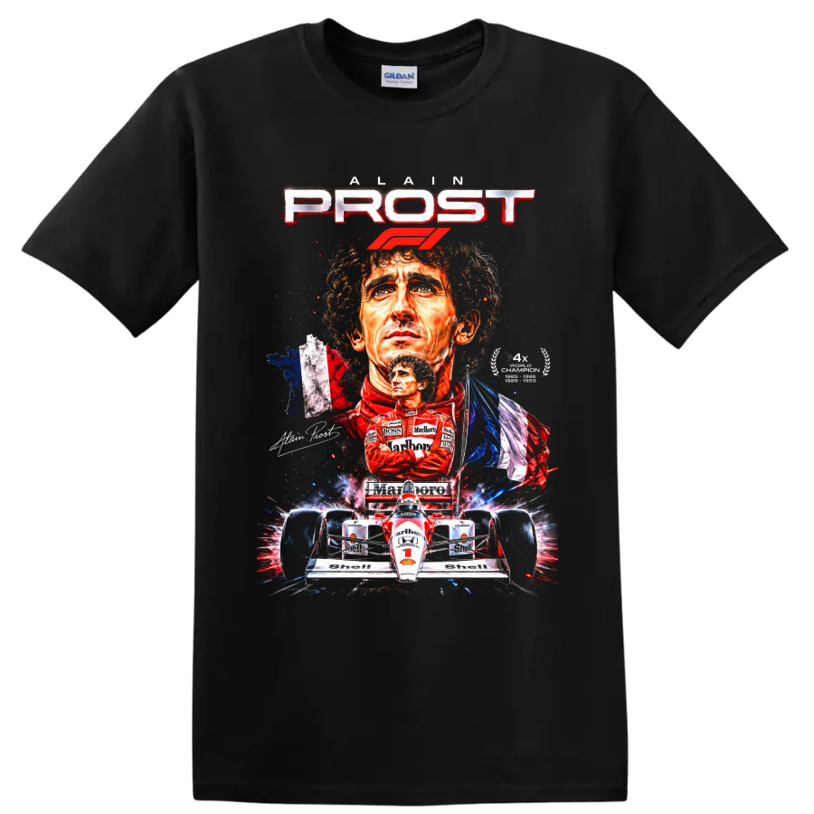 Alain Prost Formula 1 portrait collage with race car, French flag, and PROST lettering on a Black T Shirt