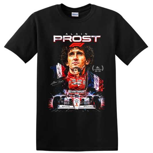 Alain Prost Formula 1 portrait collage with race car, French flag, and PROST lettering on a Black T Shirt