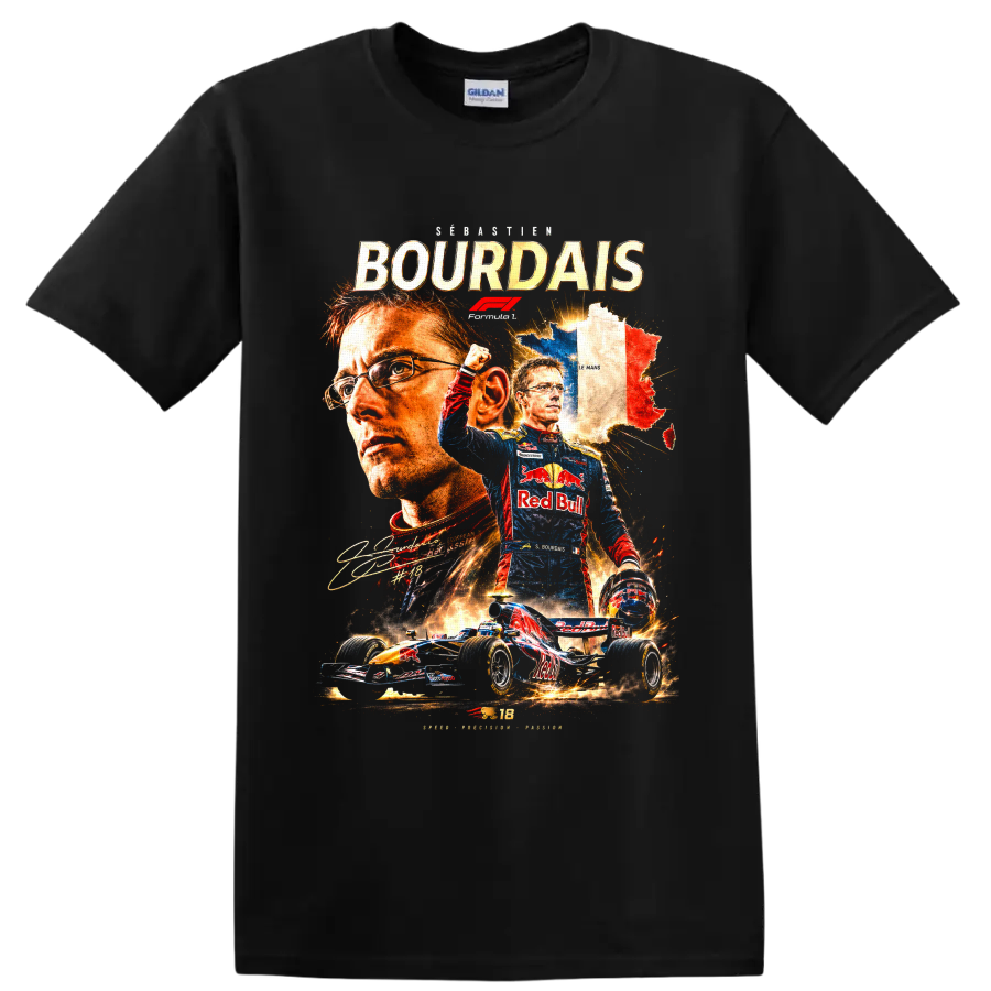 Sébastien Bourdais Toro Rosso Formula 1 collage with French map and race car on a Black T Shirt