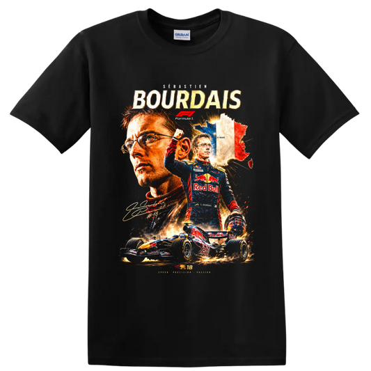 Sébastien Bourdais Toro Rosso Formula 1 collage with French map and race car on a Black T Shirt