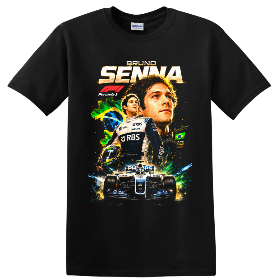 Bruno Senna Williams Formula 1 collage with Brazil flag, helmet, and race car on a Black T Shirt