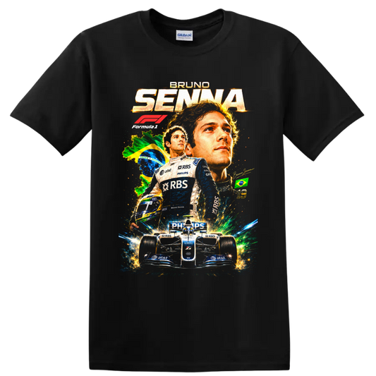 Bruno Senna Williams Formula 1 collage with Brazil flag, helmet, and race car on a Black T Shirt