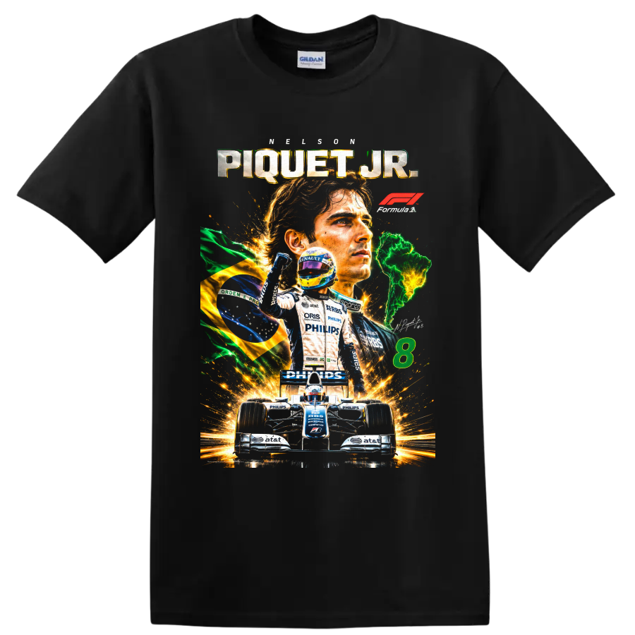 Nelson Piquet Jr Formula 1 racing collage with Brazilian flag, race car, and number 8 on a Black T Shirt