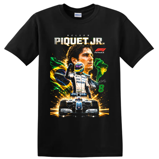 Nelson Piquet Jr Formula 1 racing collage with Brazilian flag, race car, and number 8 on a Black T Shirt
