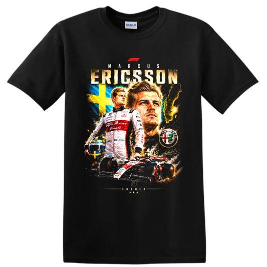 Marcus Ericsson racing poster graphic with Swedish flag, helmet, Formula 1 car, and on a Black T Shirt