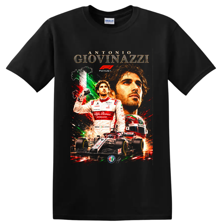 Antonio Giovinazzi Alfa Romeo Racing Formula 1 collage with helmet and race car on a Black T Shirt