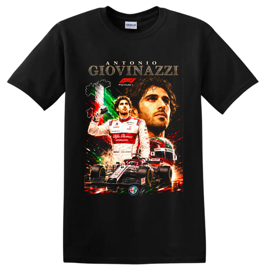 Antonio Giovinazzi Alfa Romeo Racing Formula 1 collage with helmet and race car on a Black T Shirt