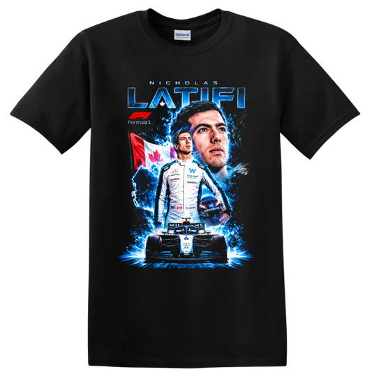 Nicholas Latifi Williams Racing Formula 1 collage with Canadian flag and number 6 car on a Black T Shirt