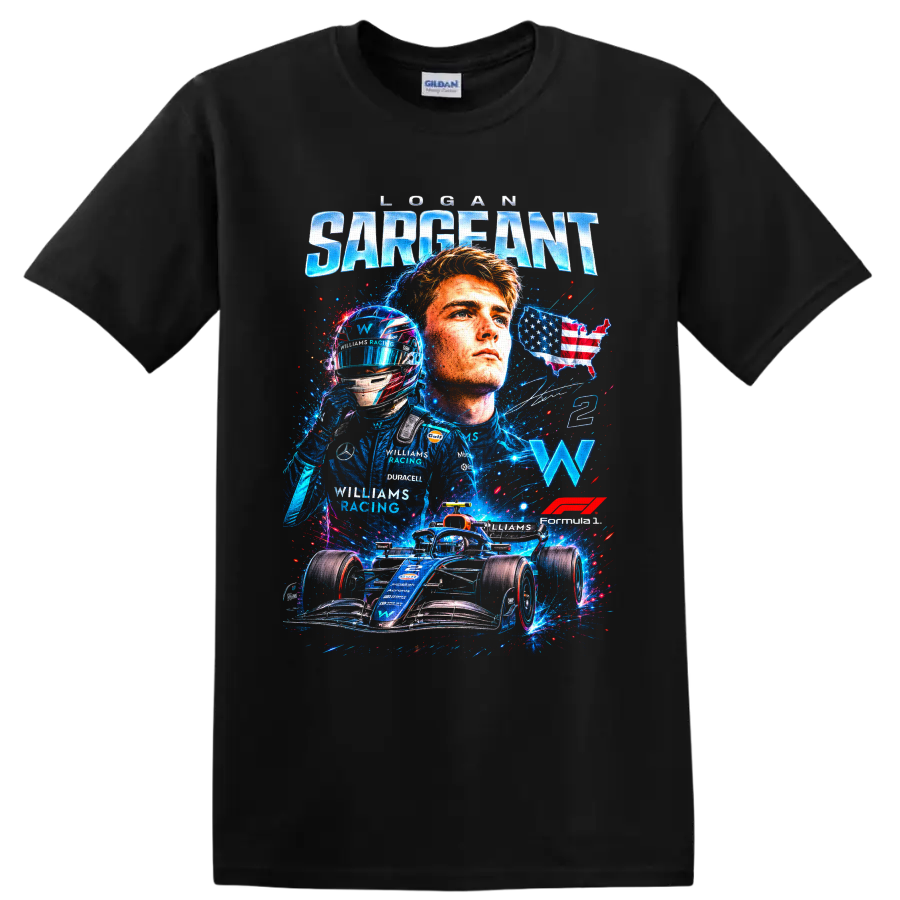 Logan Sargeant Williams Racing Formula 1 portrait, helmet, No. 2 car graphic on a Black T Shirt