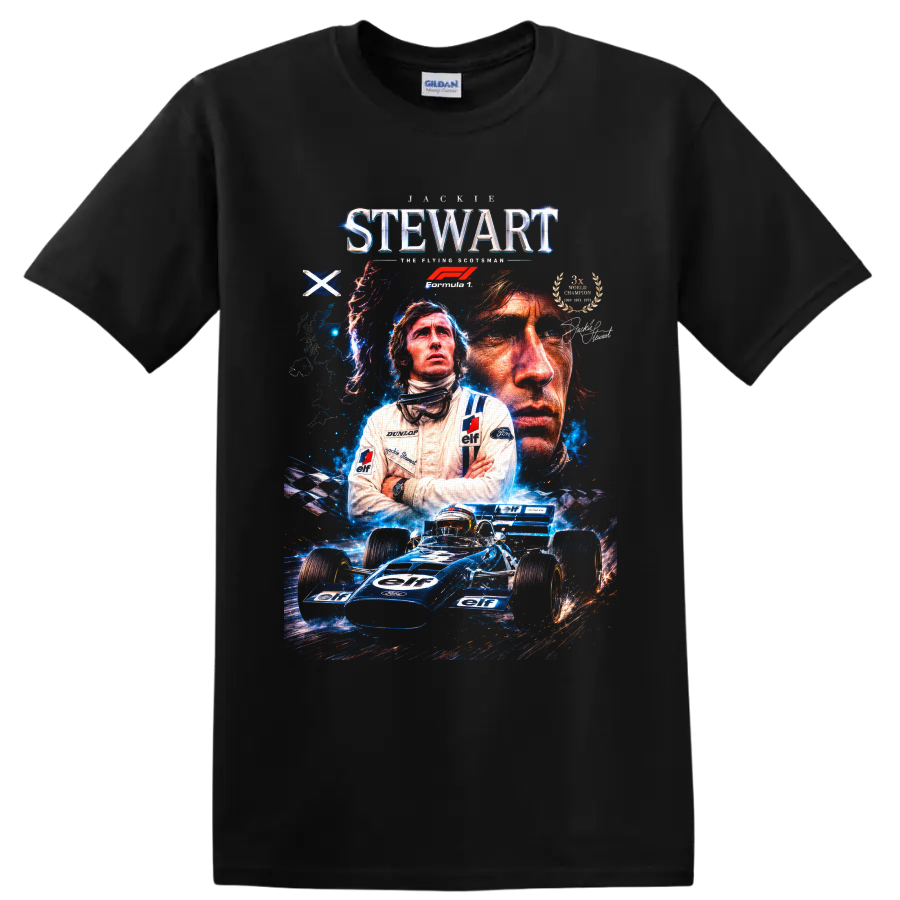 Jackie Stewart Formula 1 portrait collage with blue Tyrrell race car and racing text on a Black T Shirt