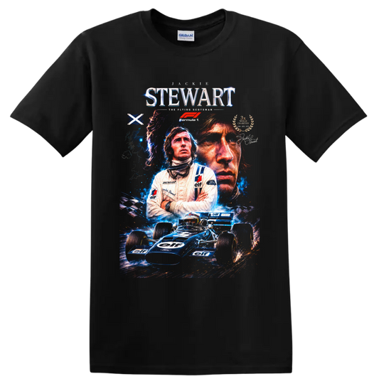 Jackie Stewart Formula 1 portrait collage with blue Tyrrell race car and racing text on a Black T Shirt