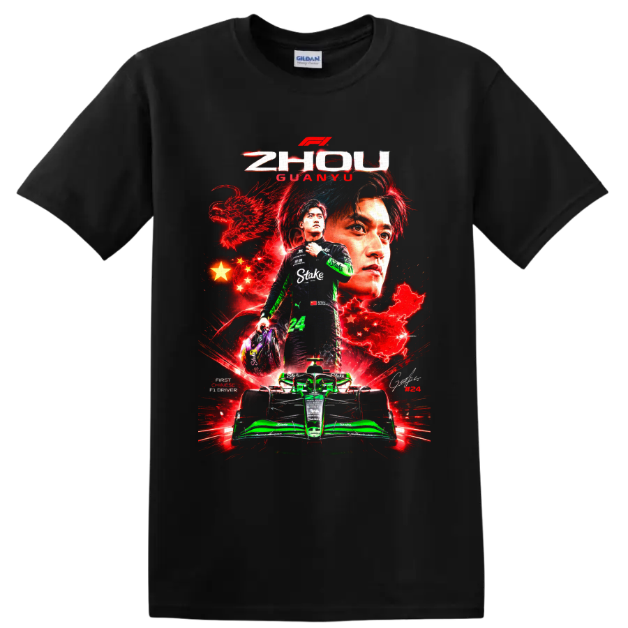 Zhou Guanyu Formula 1 number 24 racing collage with dragon, Chinese stars, and green car on a Black T Shirt