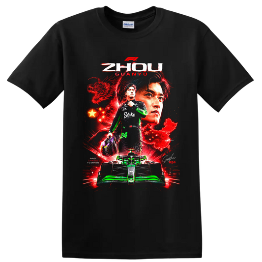 Zhou Guanyu Formula 1 number 24 racing collage with dragon, Chinese stars, and green car on a Black T Shirt