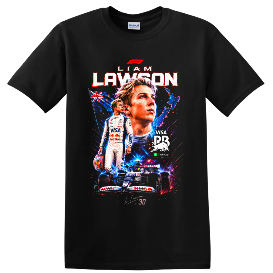 Liam Lawson Formula 1 portrait collage with number 30 car and New Zealand flag on a Black T Shirt
