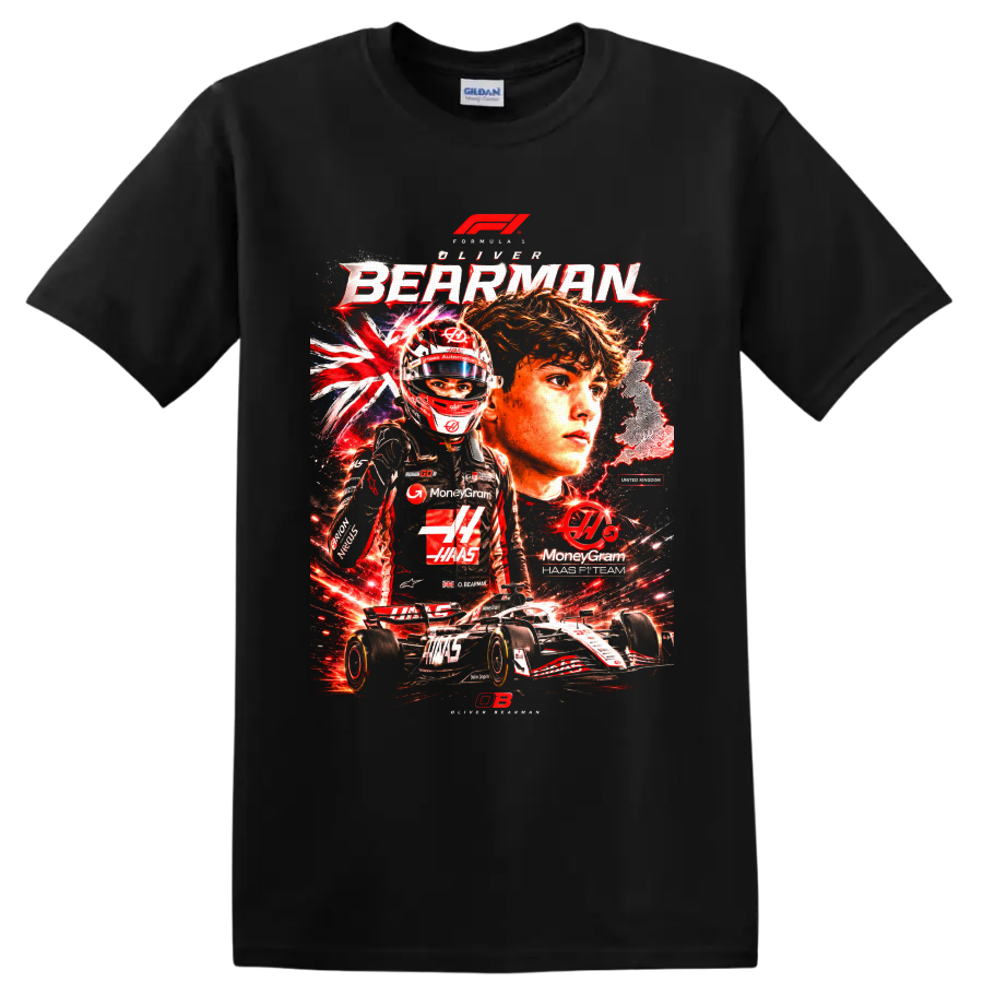 Oliver Bearman Haas Formula 1 driver collage with helmet, race car, and British motifs on a Black T Shirt
