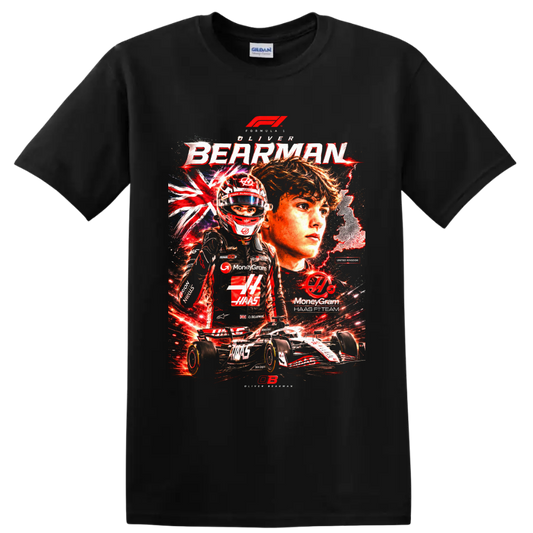 Oliver Bearman Haas Formula 1 driver collage with helmet, race car, and British motifs on a Black T Shirt