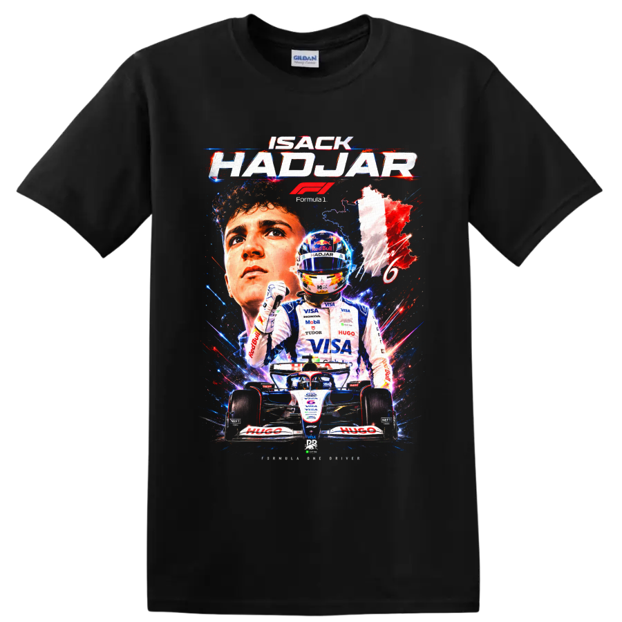 Isack Hadjar Racing Bulls Formula 1 graphic with portrait, helmet, and number 6 car on a Black T Shirt