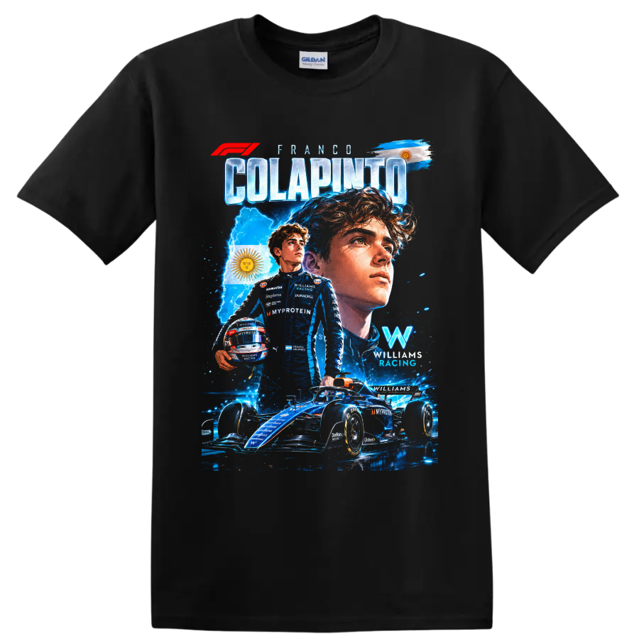 Franco Colapinto Williams Racing Formula 1 portrait, race car, and Argentina flag collage on a Black T Shirt