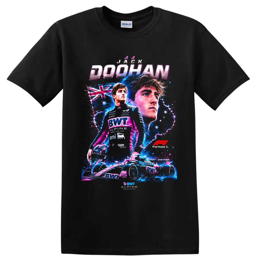 Jack Doohan Alpine Formula 1 driver and race car neon collage with Australian flag on a Black T Shirt