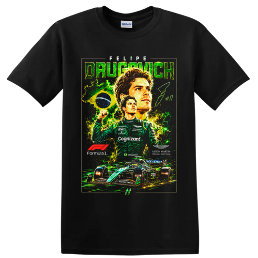 Felipe Drugovich Aston Martin Formula 1 collage with Brazilian flag and race car on a Black T Shirt