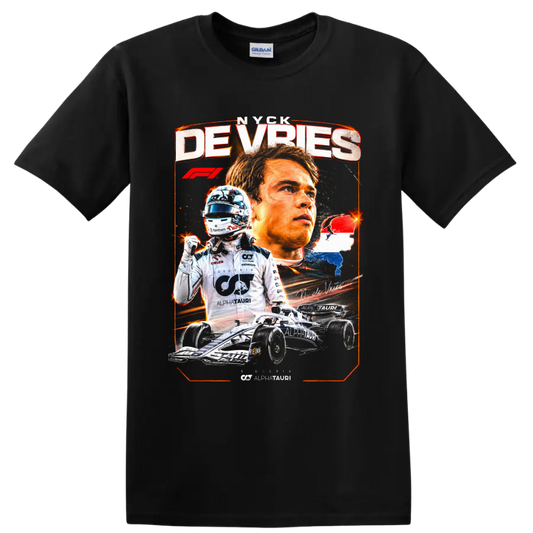 Nyck de Vries AlphaTauri Formula 1 racing collage with driver portrait and race car on a Black T Shirt