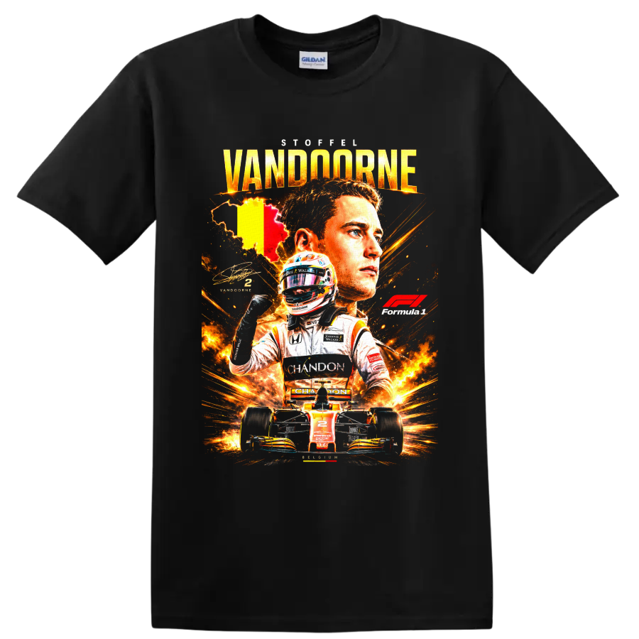Stoffel Vandoorne McLaren Formula 1 racing collage with helmet, number 2 car and Belgian on a Black T Shirt