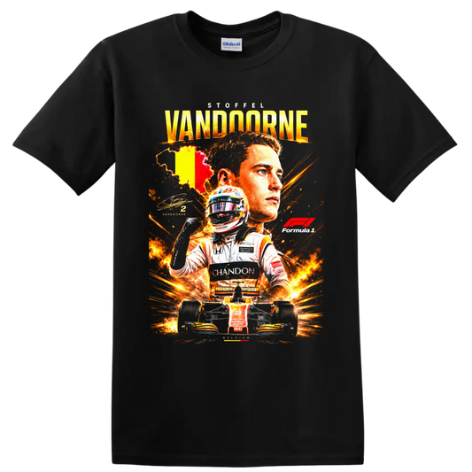 Stoffel Vandoorne McLaren Formula 1 racing collage with helmet, number 2 car and Belgian on a Black T Shirt