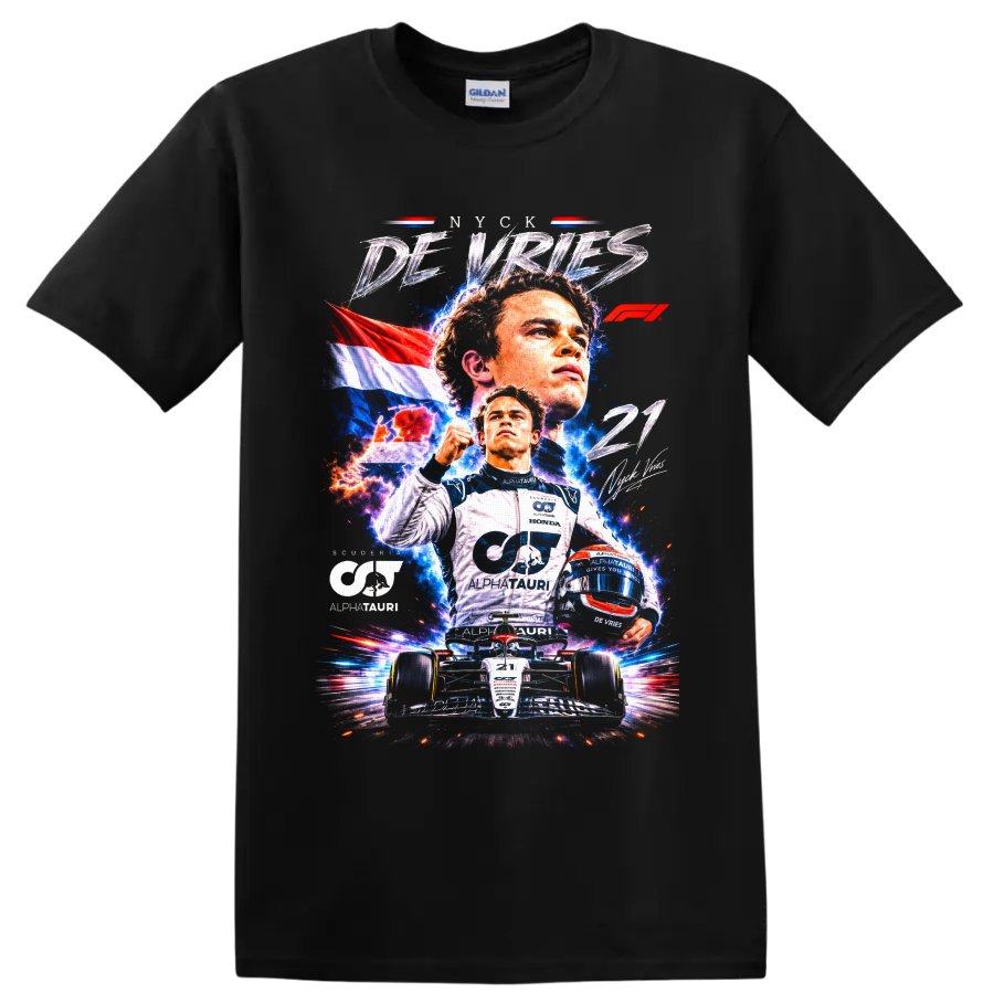 Nyck de Vries AlphaTauri racing collage with Dutch flag, helmet, and number 21 car on a Black T Shirt