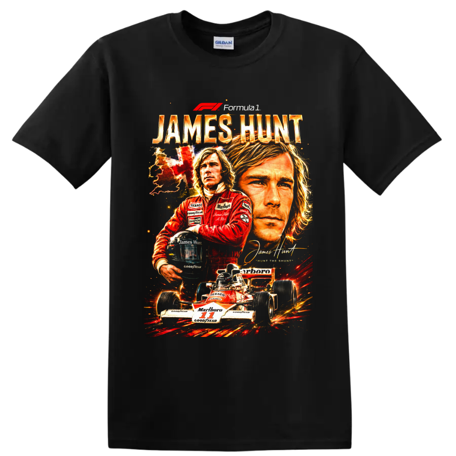 James Hunt Formula 1 portrait collage with McLaren number 11 race car and helmet on a Black T Shirt