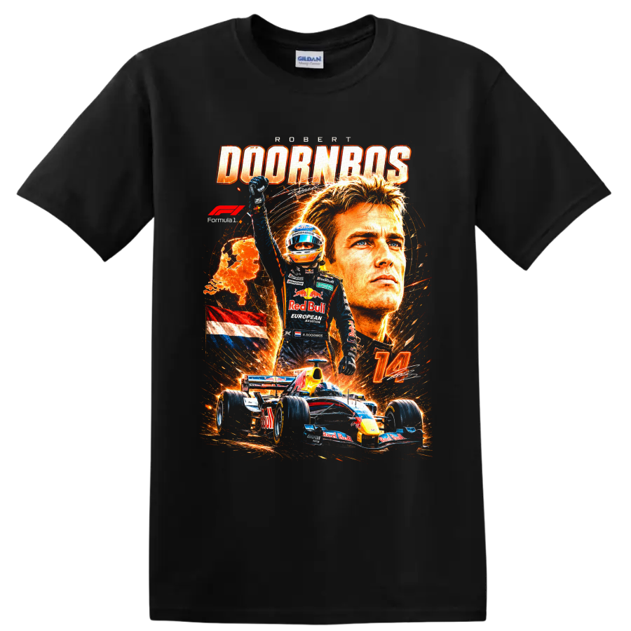 Robert Doornbos Red Bull Formula 1 number 14 fiery racing collage graphic on a Black T Shirt