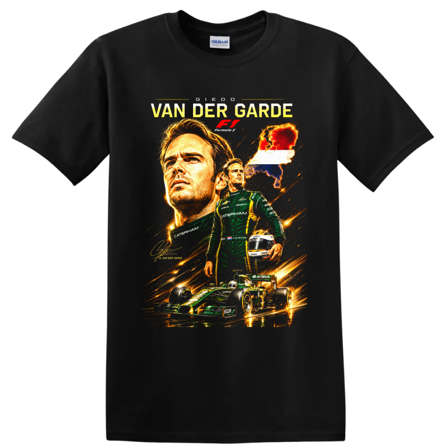 Giedo van der Garde Caterham Formula 1 portrait with race car and Netherlands map on a Black T Shirt