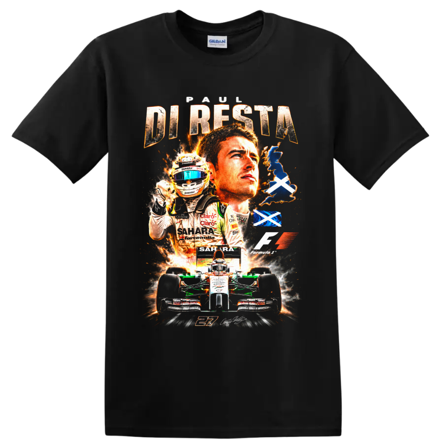 Paul di Resta Force India Formula 1 racing collage with number 21 car and Saltire flags on a Black T Shirt