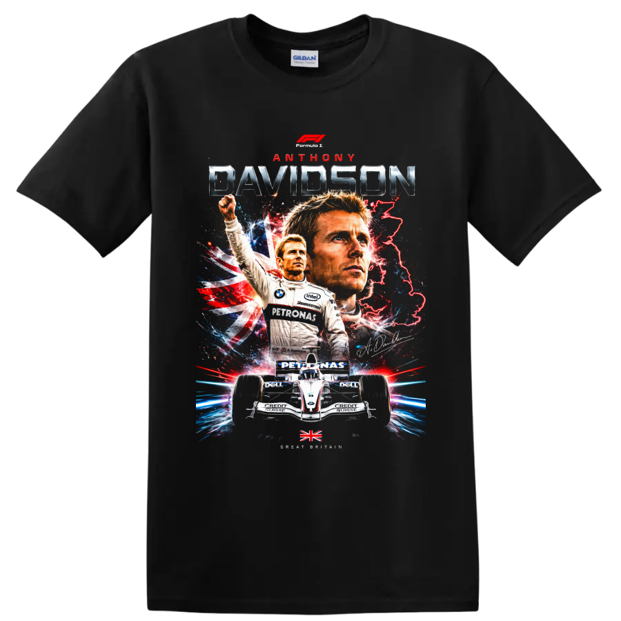 Anthony Davidson Formula 1 racing poster graphic with Union Jack and BMW Sauber car on a Black T Shirt