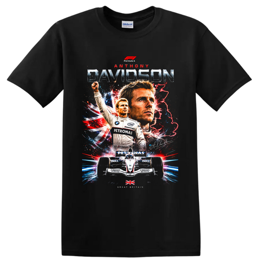 Anthony Davidson Formula 1 racing poster graphic with Union Jack and BMW Sauber car on a Black T Shirt