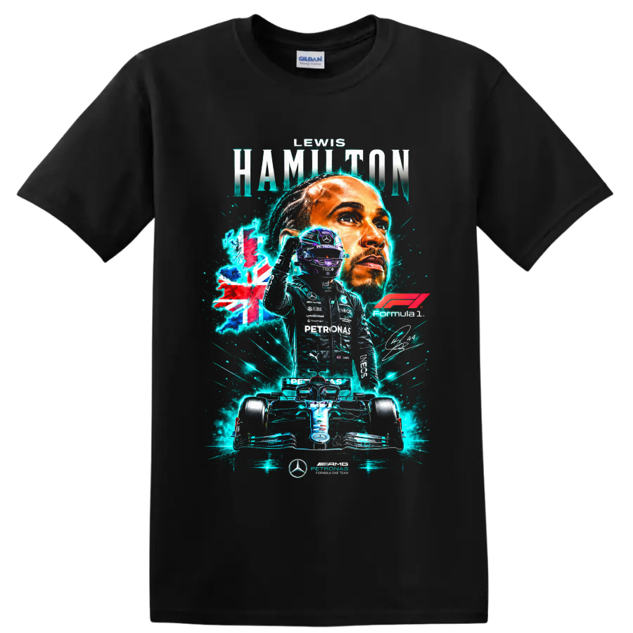 Lewis Hamilton Mercedes Formula 1 portrait, number 44 driver, and race car graphic on a Black T Shirt