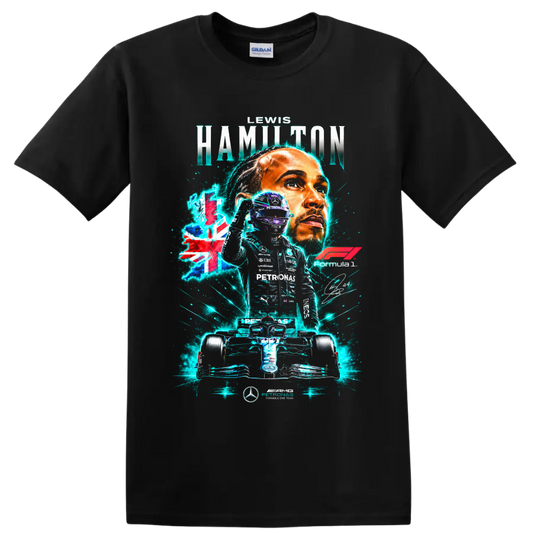 Lewis Hamilton Mercedes Formula 1 portrait, number 44 driver, and race car graphic on a Black T Shirt