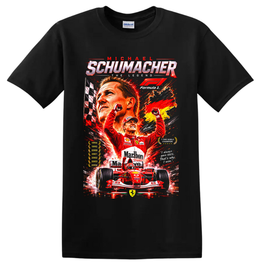 Michael Schumacher Ferrari Formula 1 racing collage with champion years and victory pose on a Black T Shirt