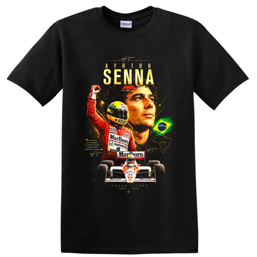 Ayrton Senna Formula 1 tribute collage with Brazilian flag, helmet, and race car on a Black T Shirt