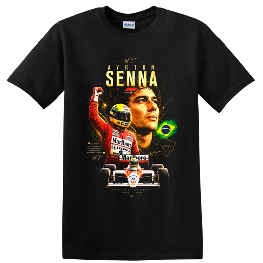 Ayrton Senna Formula 1 tribute collage with Brazilian flag, helmet, and race car on a Black T Shirt