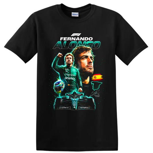 Fernando Alonso Formula 1 portrait collage with Aston Martin race car and Spanish flag on a Black T Shirt