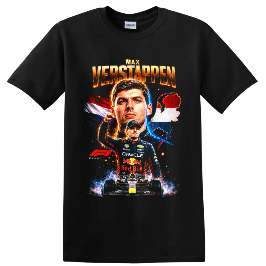 Max Verstappen Red Bull Racing Formula 1 portrait with Dutch flag, map, and race car on a Black T Shirt