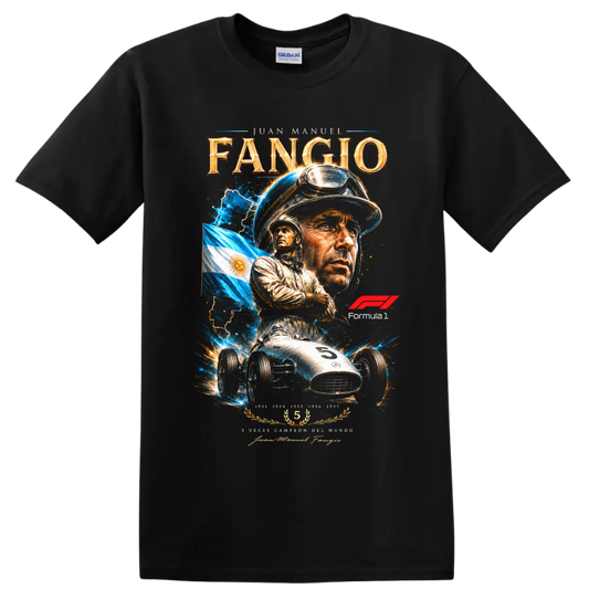 Juan Manuel Fangio portrait with Argentine flag, vintage race car, and Formula 1 graphic on a Black T Shirt